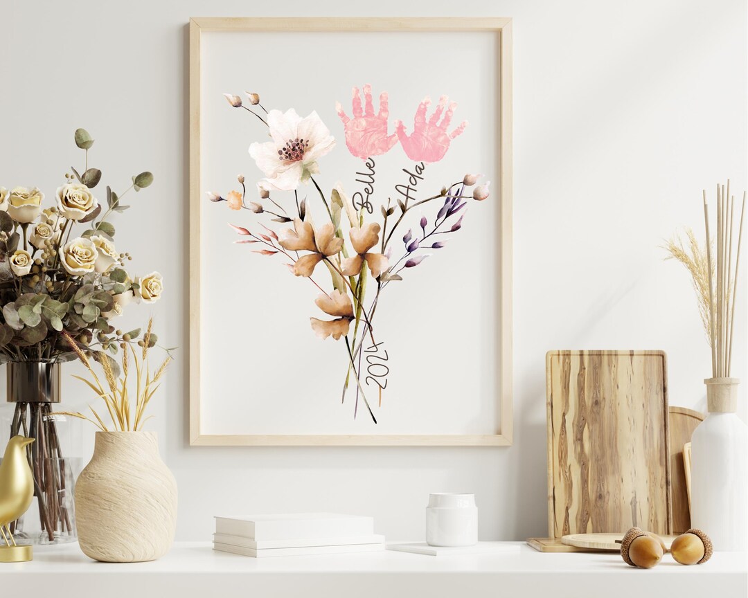 Custom Handprint Flower Art, Personalized Name Stem Handprint Wall Art