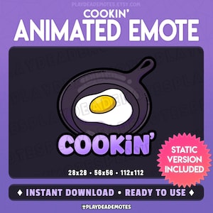 May include: Animated Discord emote featuring a purple background with a frying pan and a fried egg. The text "COOKIN'" is in a purple box below the frying pan. The text "STATIC VERSION INCLUDED" is in a pink starburst. The text "28x28 56x56 112x112" is below the pink starburst.