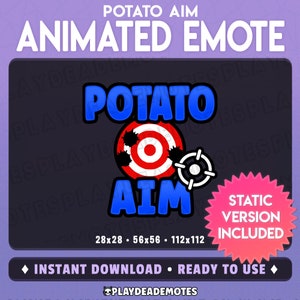 May include: Animated emote featuring a red and white target with black bullet holes, a blue circle with the word "AIM" in white text, and the word "POTATO" in blue text. The emote is available in three sizes: 28x28, 56x56, and 112x112. A pink starburst shape with the text "STATIC VERSION INCLUDED" is in the lower right corner.