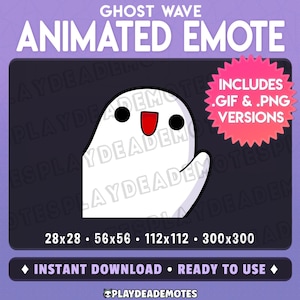 Può includere: Un'emote animata a forma di fantasma bianco con occhi neri e bocca rossa, progettata per l'uso digitale. L'immagine include il testo "GHOST WAVE ANIMATED EMOTE" e "INCLUDES .GIF & .PNG VERSIONS". Indica anche "INSTANT DOWNLOAD • READY TO USE".