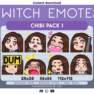 Chibi Girl Emote 8-Pack / cabello castaño + ojos marrones + piel clara / bostezo somnoliento, risa, saludo con la mano, tímido, ruidos de enojo, tonto, asombro, corazón de amor