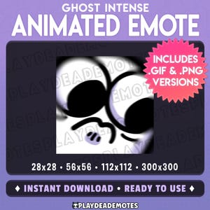 Könnte beinhalten: Digitales Grafik für einen animierten Emote, mit einem Cartoon-Geistgesicht mit großen schwarzen Augen und einem traurigen Ausdruck. Der Text lautet "GHOST INTENSE ANIMATED EMOTE". Enthält .GIF- und .PNG-Versionen. Sofort einsatzbereit.