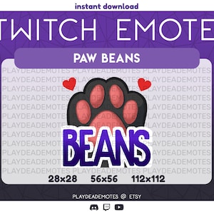 Op de afbeelding: Een Twitch-emote met een zwarte pootafdruk met roze voetkussentjes en een rood hart. Het woord "BEANS" staat in paarse letters op de pootafdruk. De emote is beschikbaar in drie maten: 28x28, 56x56 en 112x112.