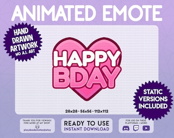 Animated Pink Happy Birthday Emote | ANIMATED + STATIC cute pink bday heart emote | happy birthday, happy b-day, pink animated text emotes