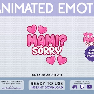 ANIMOWANA + STATYCZNA Mami? Przepraszam Emotka | kawaii słodka jasnoróżowa emotka przepraszam mami, różowa emotka przepraszam mamusi, animowana emotka tekstowa, twitch, discord