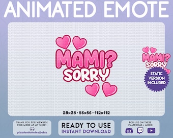 ANIMATED + STATIC Mami? Sorry Emote | kawaii cute bright pink mami sorry emote, pink mommy sorry emote, animated text emote, twitch, discord