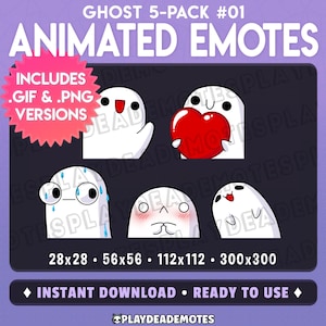 Può includere: Grafica digitale con cinque emoticon animati a forma di fantasma bianco con varie espressioni, tra cui un fantasma che tiene un cuore rosso. Il testo "ANIMATED EMOTES" e "INSTANT DOWNLOAD" è incluso.