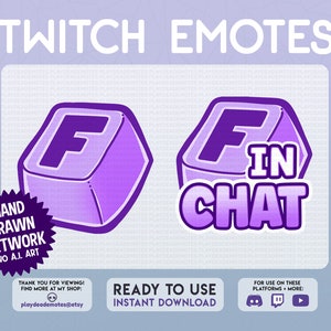 Op de afbeelding: Twee paarse Twitch-emotes, één met de letter F en de andere met de letter F en de woorden "in chat". De emotes zijn in de stijl van een computertoets.