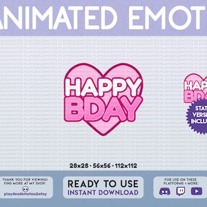 ANIMIERTE + STATISCHE Happy Birthday Emote | kawaii süßes rosa glückliches Geburtstags-Emote, animiertes Geburtstags-Emote, rosa animierte b-day zuckende Text-Emotes