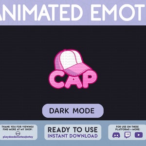 May include: Animated emote of a pink baseball cap with the word "CAP" in white letters. The emote is in dark mode and is ready to use. It is available for use on Discord, Twitch, and YouTube.