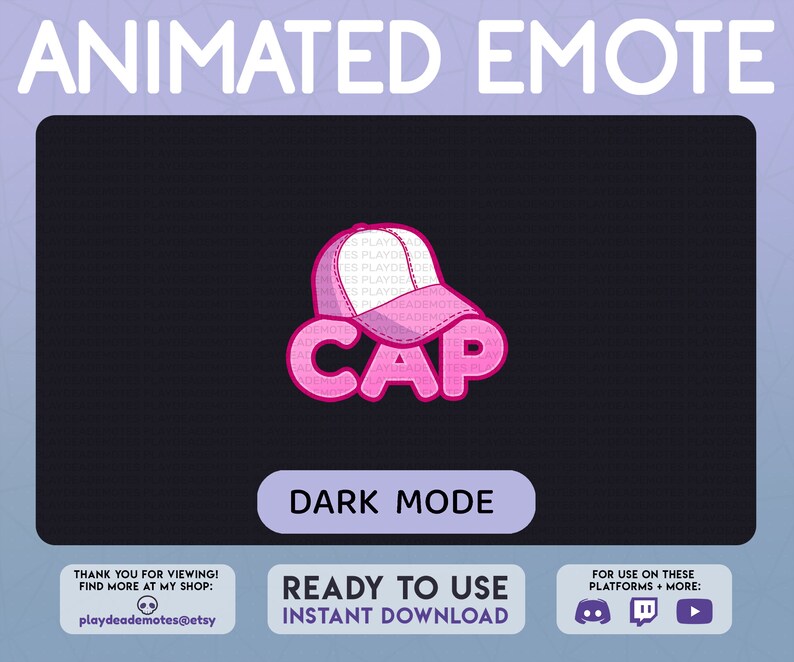 May include: Animated emote of a pink baseball cap with the word "CAP" in white letters. The emote is in dark mode and is ready to use. It is available for use on Discord, Twitch, and YouTube.