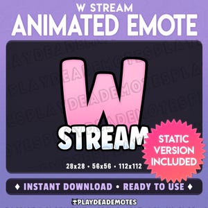 W STREAM ANIMATED EMOTE | animated + static versions included, soft cute pastel pink w win stream animated text emote by PlayDeadEmotes [sp]