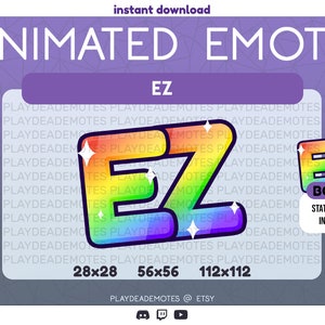 May include: Animated Discord emote featuring the letters "EZ" in a rainbow gradient with a sparkling effect. The emote is available in three sizes: 28x28, 56x56, and 112x112 pixels. The image also includes a bonus static version of the emote in all sizes.