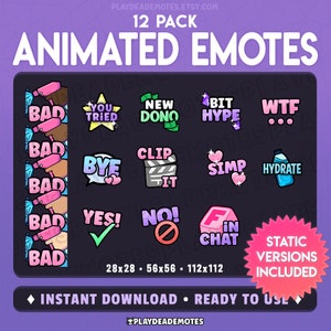 12 ANIMATED EMOTES Starter Pack #2 | animated+static version included, kawaii cute animated pastel pink starter pack emote by PlayDeadEmotes