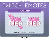 Kawaii Pink YOU DIED Twitch Emotes | cute pink game over you died emote w/ hearts, cute elden ring dark souls emote, kawaii girl gamer emote