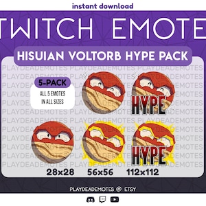May include: A set of five Twitch emotes featuring a red and brown Hisuian Voltorb with the word "Hype" in black text. The emotes are available in three sizes: 28x28, 56x56, and 112x112 pixels.
