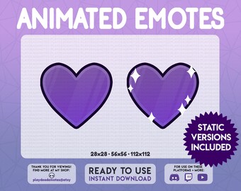 Animated Purple Heart Emotes | 2 ANIMATED + 2 STATIC kawaii animated purple heart emotes, sparkly heart emote, cute heart twitch chat emotes