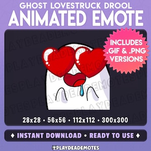 May include: Animated emote featuring a white ghost with red heart-shaped eyes and a drooling mouth. The image includes the text "GHOST LOVESTRUCK DROOL ANIMATED EMOTE" and "INSTANT DOWNLOAD • READY TO USE". Includes .GIF & .PNG versions.