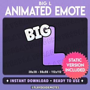 Animated BIG L EMOTE | animated + static versions included; soft purple big L, loss, lose, L game animated text emote by PlayDeadEmotes [sv]