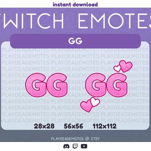 Kawaii Pink GG Emotes | cute pink GG emote with hearts, gg heart emote, pink heart gg emotes, two versions for twitch stream, discord, +more