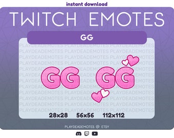 Kawaii Pink GG Emotes | cute pink GG emote with hearts, gg heart emote, pink heart gg emotes, two versions for twitch stream, discord, +more