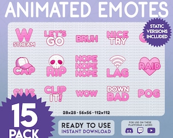 GEANIMEERDE ROZE 15-PACK Emotes | kawaii schattig roze geanimeerde tekst emote pack 15pack roze animeren twitch stream gamer leuke grappige tekst emote bundel