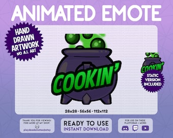 COOKIN' Cauldron Emote | ANIMATED + STATIC cute witchy let her cook emote, let me cook, let him cook, halloween emotes, kawaii witch emotes