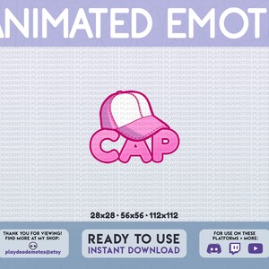 May include: Animated pink baseball cap emote with the word "CAP" in large pink letters. The emote is available in 28x28, 56x56, and 112x112 pixel sizes. The emote is ready to use and can be downloaded instantly. It is compatible with Discord, Twitch, and YouTube.