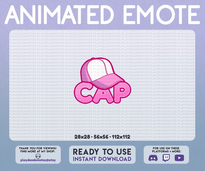 May include: Animated pink baseball cap emote with the word "CAP" in large pink letters. The emote is available in 28x28, 56x56, and 112x112 pixel sizes. The emote is ready to use and can be downloaded instantly. It is compatible with Discord, Twitch, and YouTube.
