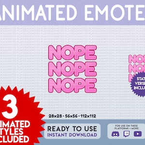 Può includere: Pacchetto di emote animate con la parola "NOPE" in lettere rosa. Il pacchetto include tre stili animati e una versione statica. Le dimensioni degli emote sono 28x28, 56x56 e 112x112 pixel. L'immagine include anche una grafica di una stella con il numero 3 al centro, che indica il numero di stili animati inclusi. L'immagine include anche icone per Discord, Twitch e YouTube, che indicano le piattaforme in cui gli emote possono essere utilizzati.