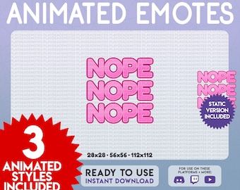 NOPE NOPE NOPE Animated + Static Emote 3Pack | 3 nope animated emotes, three pink nope nope nope animated text emotes for twitch discord