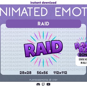 May include: Animated Discord emote of the word "RAID" in purple with a star and sparkles. The emote is available in three sizes: 28x28, 56x56, and 112x112. A bonus static version of the emote is also included.