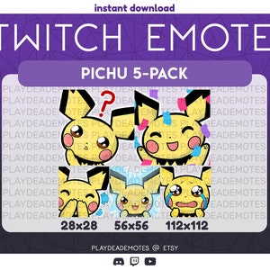 Puede incluir: Un conjunto de cinco emotes de Twitch con el Pokémon Pichu en diferentes expresiones. Los emotes están disponibles en tres tamaños: 28x28 píxeles, 56x56 píxeles y 112x112 píxeles. Los emotes están diseñados por PlayDeadeMotes y están disponibles para su compra en Etsy.