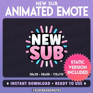 Puede incluir: Emoticono animado de Twitch con el texto "NEW SUB" en un diseño de estallido de estrellas rosa y azul. El emoticono está disponible en tres tamaños: 28x28, 56x56 y 112x112 píxeles. También se incluye una versión estática del emoticono.
