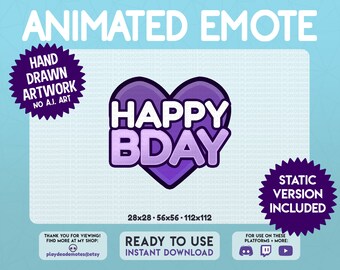 Animated Purple Happy Birthday Emote | ANIMATED + STATIC purple bday heart emotes | happy birthday, happy b-day, purple animated text emotes