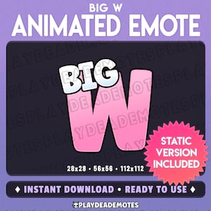 Könnte beinhalten: Animiertes Emoji eines pinken "BIG W" mit weißem Umriss. Das Emoji ist in drei Größen verfügbar: 28x28, 56x56 und 112x112 Pixel. Eine statische Version des Emojis ist ebenfalls enthalten.