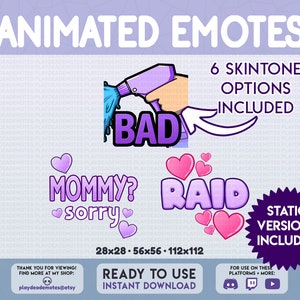 ANIMOWANE EMOTKI 3-PAK | mamo? przepraszam, raid, + emotikony butelki ze spryskiwaczem | animowane + statyczne w zestawie | fioletowe animowane emotikony od PlayDeadEmotes