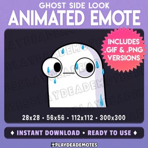May include: A white ghost-shaped animated emote with large black eyes and sweat droplets, designed for online use. The image includes the text "GHOST SIDE LOOK ANIMATED EMOTE" and "INSTANT DOWNLOAD READY TO USE". It comes in .GIF & .PNG versions.