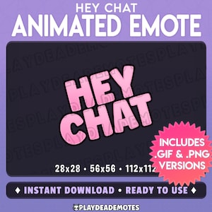 以下が含まれることがあります： 白とピンクの「HEY CHAT ANIMATED EMOTE」というテキストのデジタルグラフィック。 「HEY CHAT」という言葉はバブルのようなフォントです。 .GIFと.PNGバージョンが含まれています。 画像はすぐに使用でき、即時ダウンロードできます。