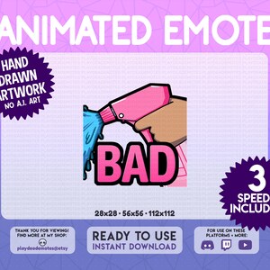 May include: Animated emote featuring a pink hand holding a spray bottle with blue liquid spraying out. The word "BAD" is written in pink letters on a pink background.