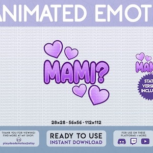 ANIMOWANA + STATYCZNA Mami? Emotka | kawaii słodka jasnofioletowa emotka mami, fioletowa emotka mamusi, mami mamusiu przepraszam animowane emotikony tekstowe na twitch