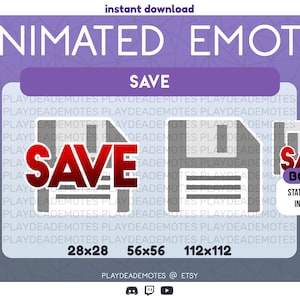 May include: Animated Discord emote of a floppy disk with the word "SAVE" in red letters. The emote is available in three sizes: 28x28, 56x56, and 112x112 pixels. The image also includes a bonus static version of the emote in all sizes.