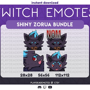 Puede incluir: Un conjunto de cuatro emotes de Twitch con un Zorua brillante en diferentes poses. Los emotes están disponibles en tres tamaños: 28x28 píxeles, 56x56 píxeles y 112x112 píxeles. Los emotes están diseñados por PlayDeadeMotes y están disponibles en Etsy.