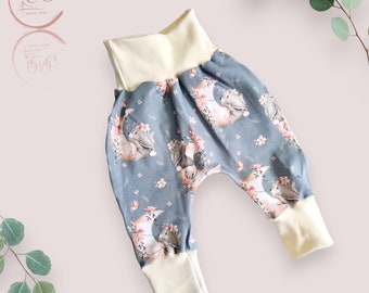 Handmade organic children's harem pants with adorable bunny and moon motif