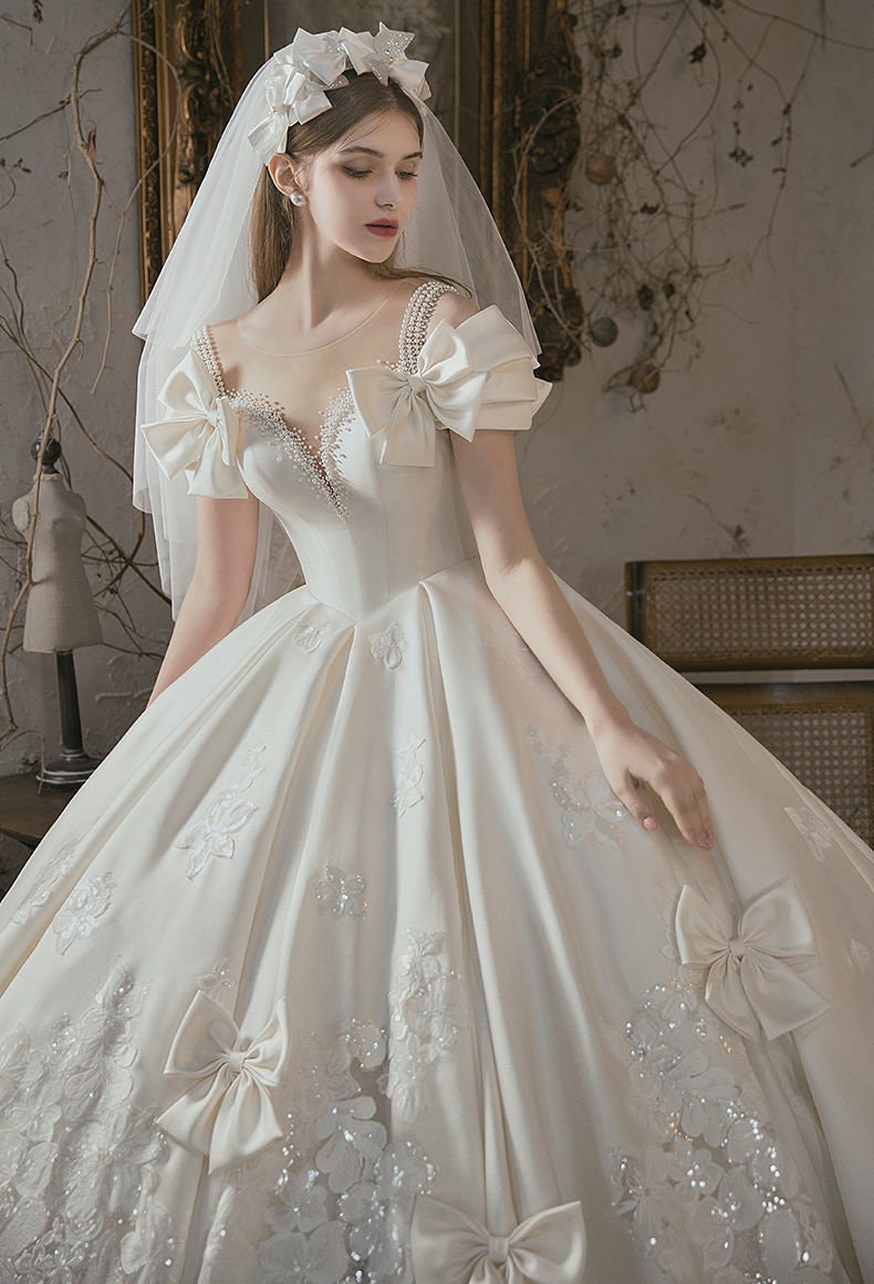 Satin White Wedding Dress With Train White Bride Bow Gown - Etsy