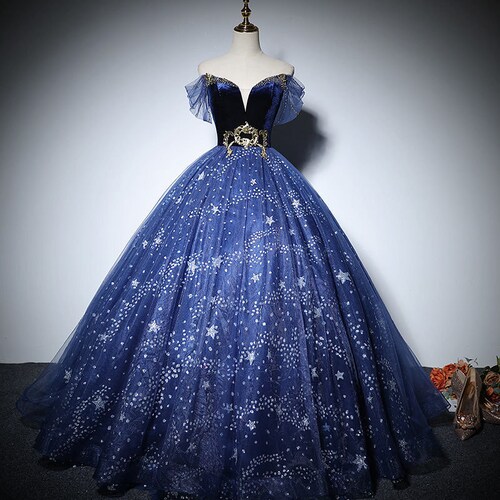 Glitter Blue Gown With Sleeves V Neck Blue Prom Gown Blue Etsy