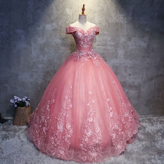 Pink Flower Ball Gown Pink Prom Gown Pink Long Dress - Etsy UK