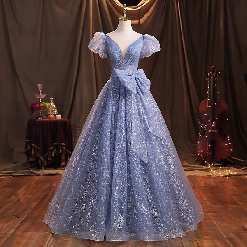 Blue Glitter Ball Gown With Sleeves Blue Prom Gown Bridal Etsy