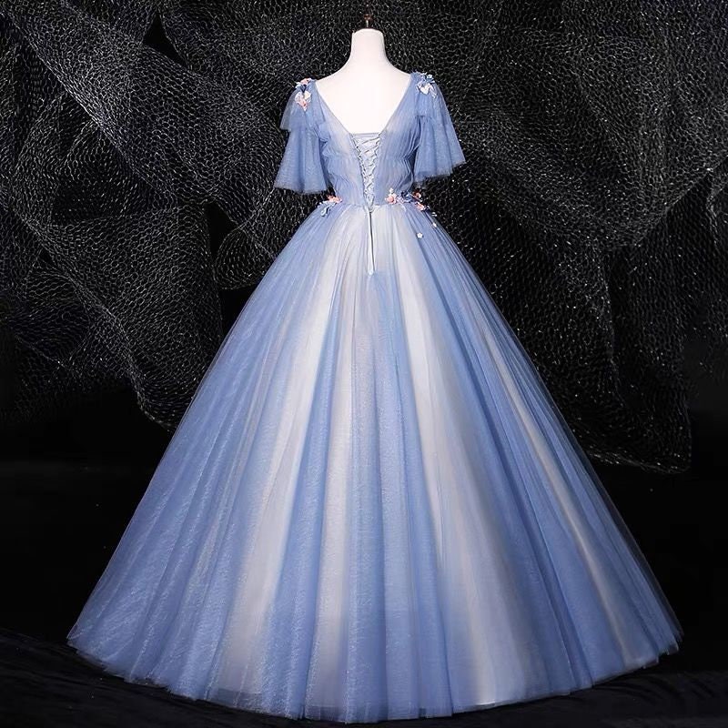Blue Ball Gown With Sleeves Blue Prom Gown Blue V Neck - Etsy UK