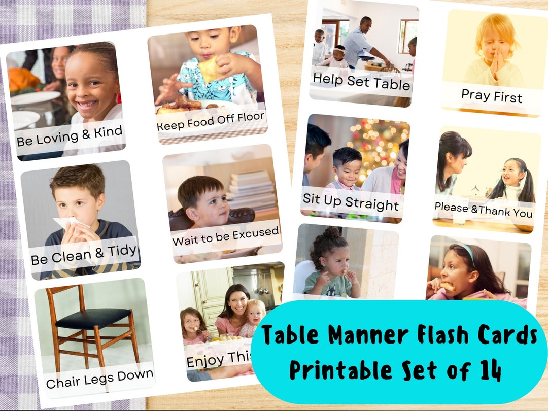 Table Manners Flash Cards for Toddlers, Children, 14 Montessori Cards
